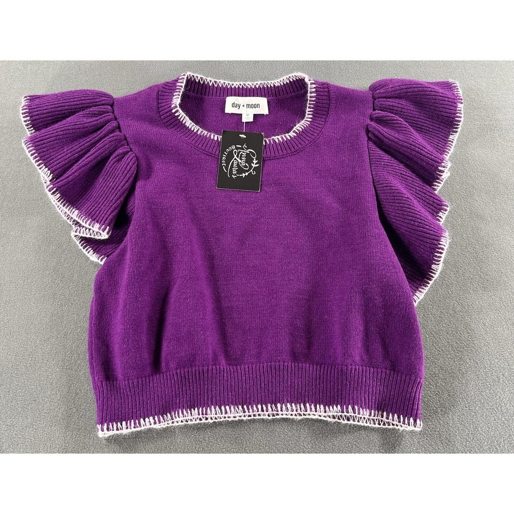 Day + Moon Girls Purple Ruffle Flutter Sleeve Cropped Pullover Sweater M NWT